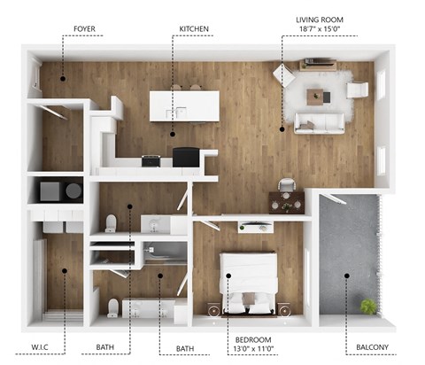 Floor plan for 1 bed, 1 bath, 1000 sqft